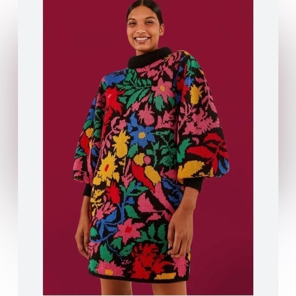 FARM RIO TROPICAL GARDEN COZY SOFT SWEATER DRESS COWL FUNNEL NECK SIZE MEDIUM - Picture 2 of 16